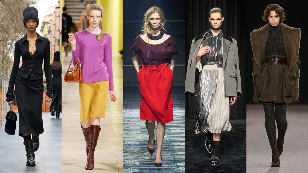 Dit zijn de rokkentrends voor herfst winter 2025‑2026 die je moet kennen. Photo courtesy of Dolce & Gabbana, Miu Miu, Prada, Jil Sander, Max Mara