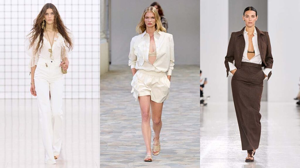 Witte blouses zomer 2025. Photos courtesy of Chloé, Alberta Ferretti, Max Mara
