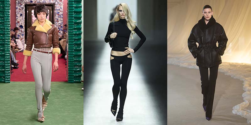 Slank afkledende broeken en leggings op de catwalks voor de winter. Photos courtesy of Acne Studios, Gucci, Balmain