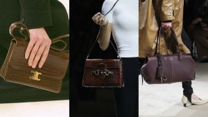 Krokodillenprints en reliëfleer maken een sterke comeback in de tassentrends voor herfst winter 2026 2027. De top handle bag is een must. Photo courtesy of Celine, Gucci, Tod's