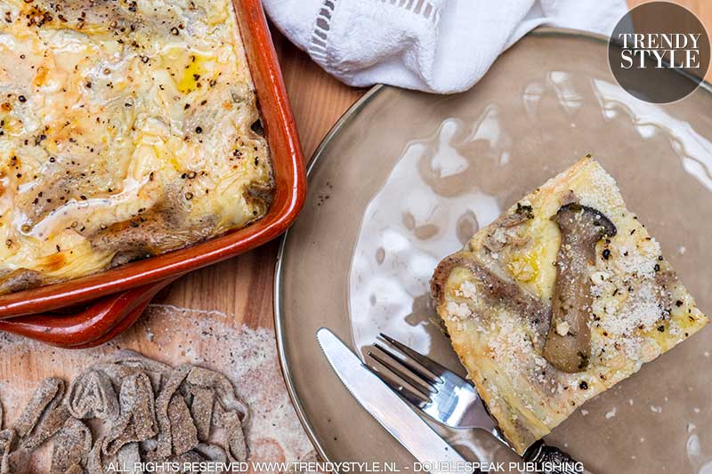 Boekweitlasagne met paddenstoelen, spinazie en fetakaas