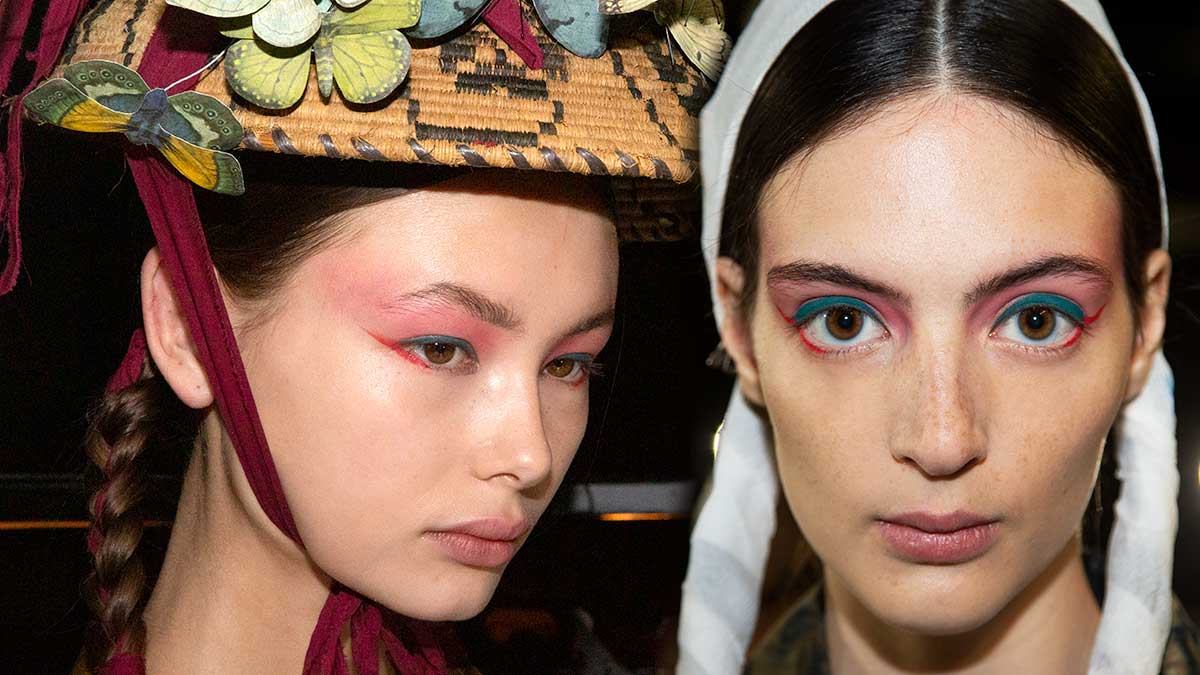 Make-up trends lente zomer 2020. Roze oogschaduw en gekleurde eyeliner