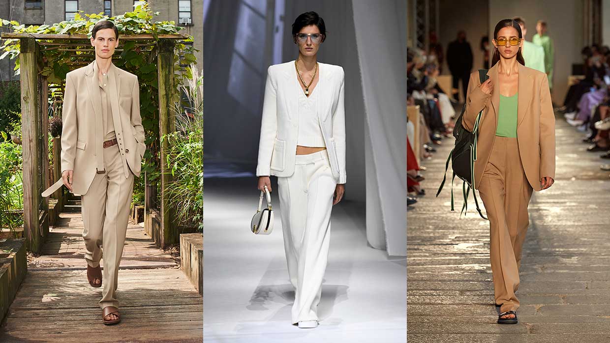 Modetrends lente zomer 2021. Trend alert: broekpakken! Foto's: Michael Kors, Fendi, Boss