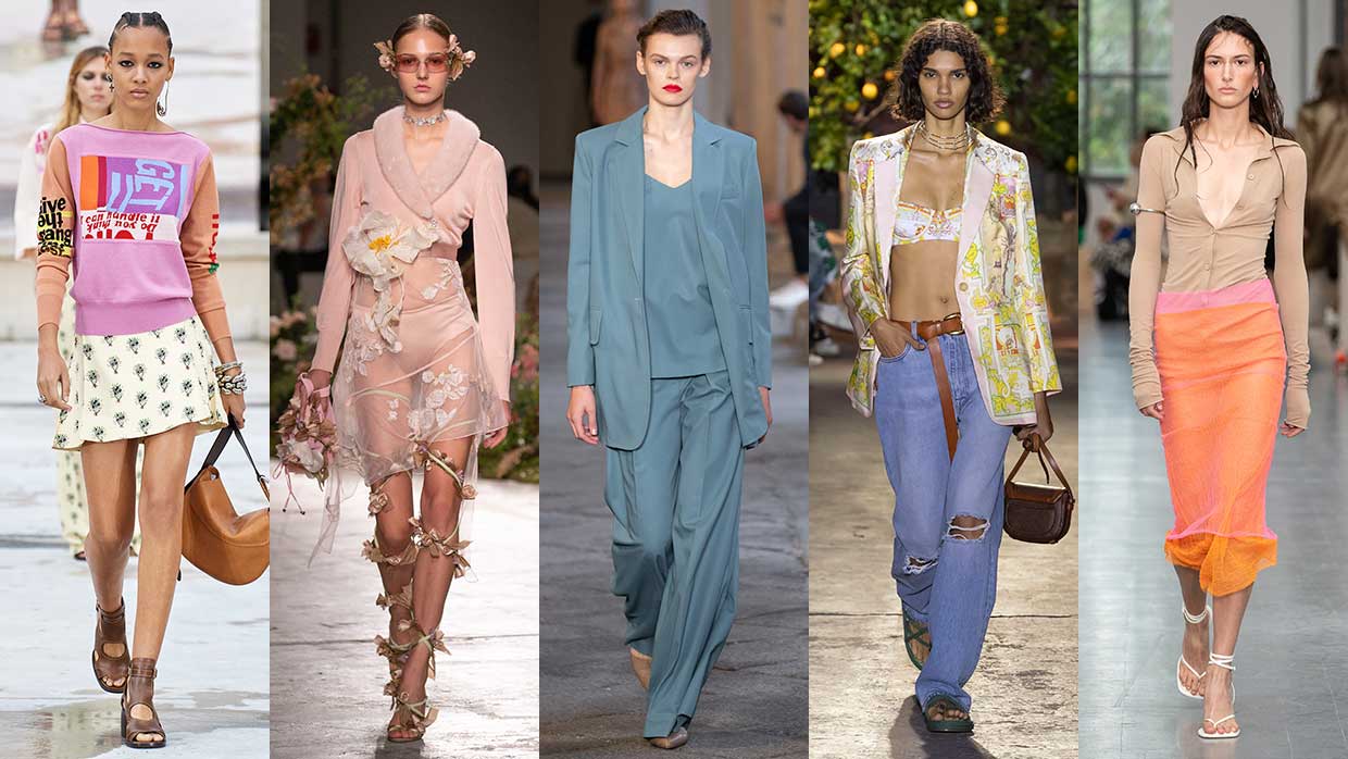 Modetrends lente zomer 2021. 10x Modetrends die je vast interesseren! Foto's van links naar rechts: Chloé, Blumarine, Max Mara, Etro, Sportmax