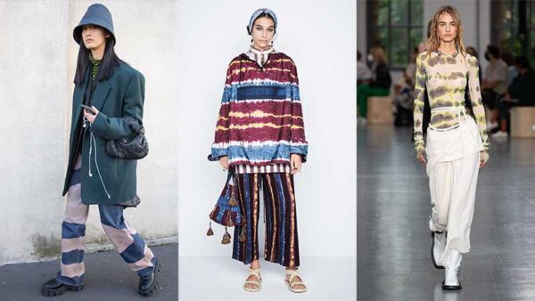 Modetrends zomer 2021. Wéér tie dye (cool!). Foto's van links naar rechts: streetstyle, Dior, Sportmax